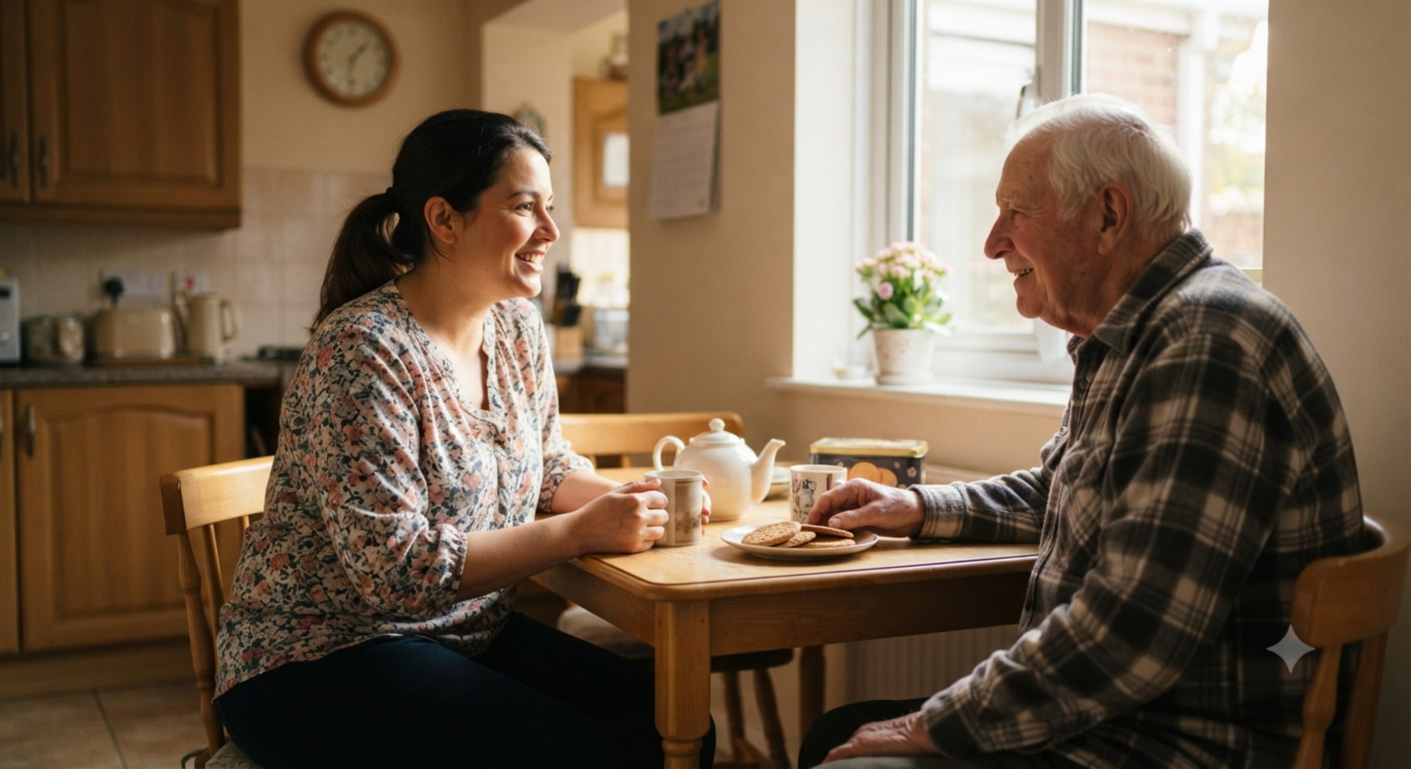 Une aide à domicile partage un goûter avec une personne âgée dans le salon, symbole de l'attention portée aux proches à domicile
