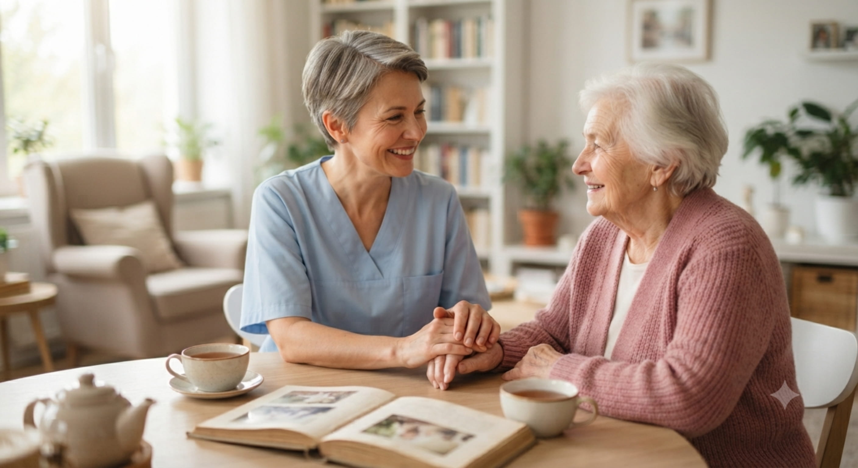 Une accompagnante et une personne senior partagent un album photo dans un salon, symbole d'une première rencontre à domicile
